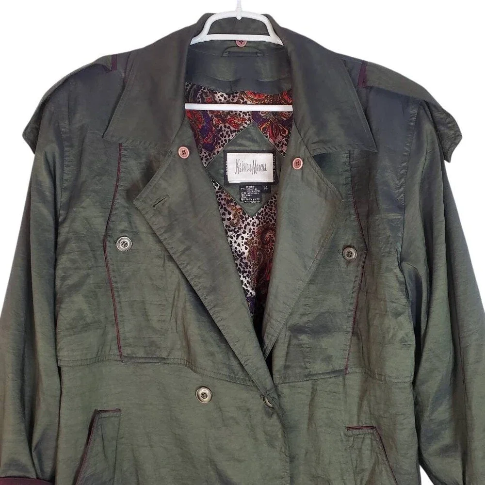 Neiman Marcus Double Breasted Belted Water Resistant Trench Coat Olive Green 14‎